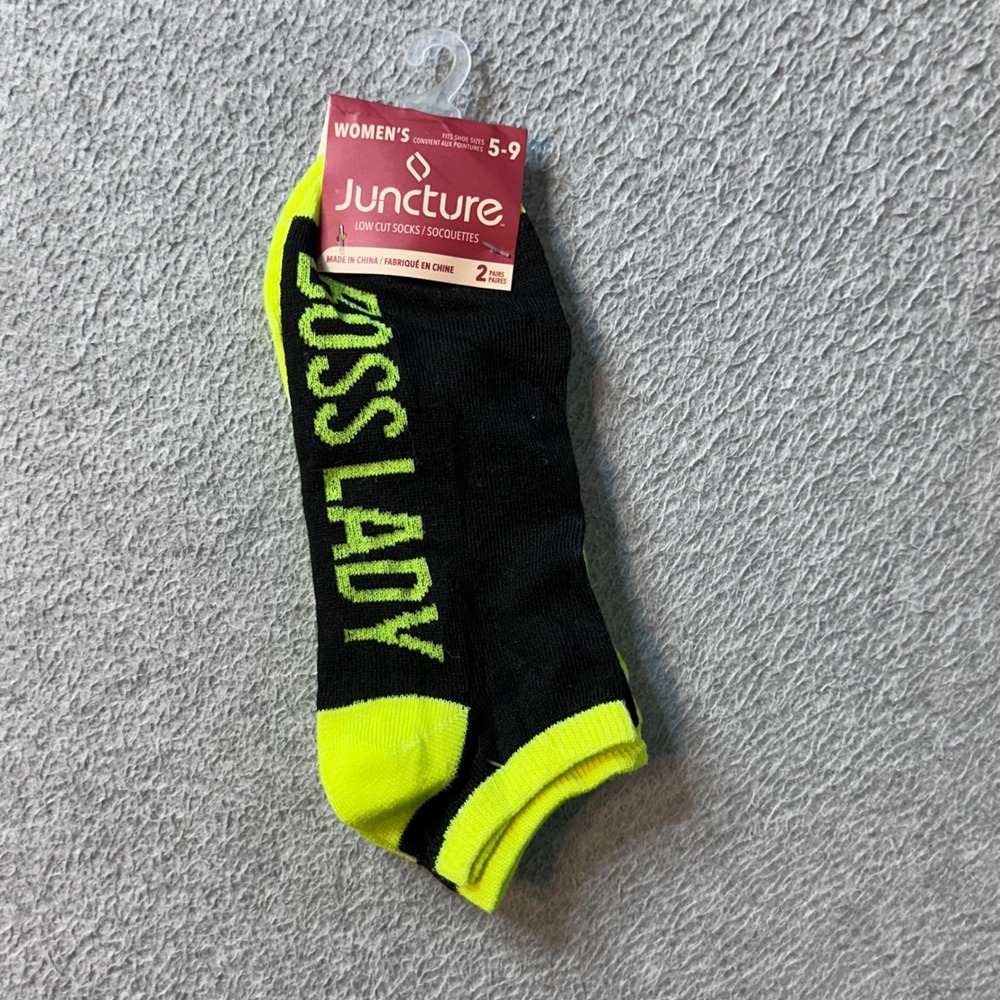 Juncture Socks Womens 5-9 Black Neon Green Boss Lady Low Cut 2 Pairs Pack 32530